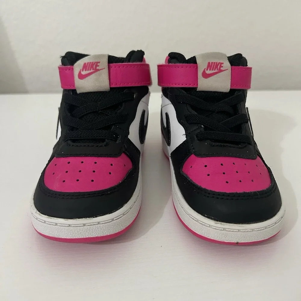 Nike Court Borough Kids Sneakers Pink Black White Leather 7C High Top